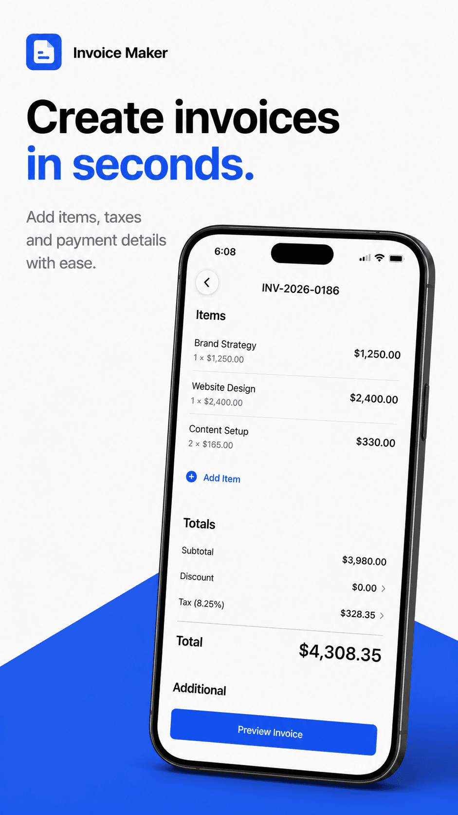 Invoice Maker editor screen listing three line items with quantities and rates, live subtotal, tax and total, and an active Preview Invoice button.