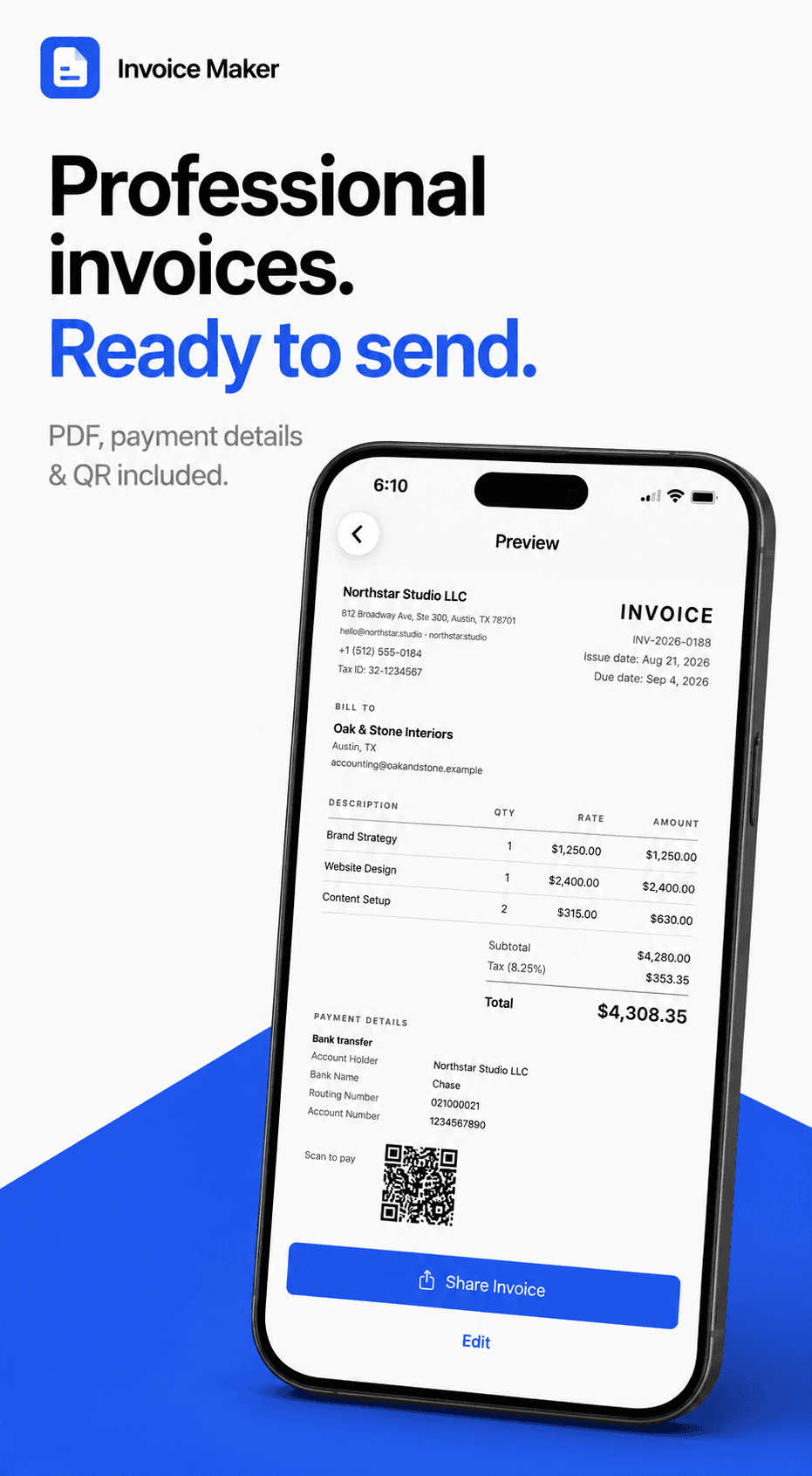 Invoice Maker preview screen on iPhone, showing a finished invoice for Northstar Studio LLC with line items, totals, bank payment details and a scannable payment QR code.