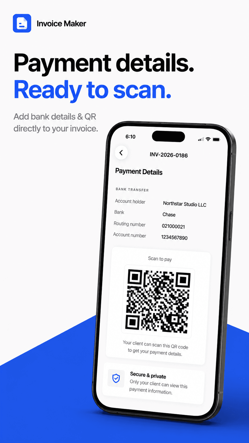 Invoice Maker preview screen zoomed on the payment details section, showing bank account information and a scannable payment QR code.