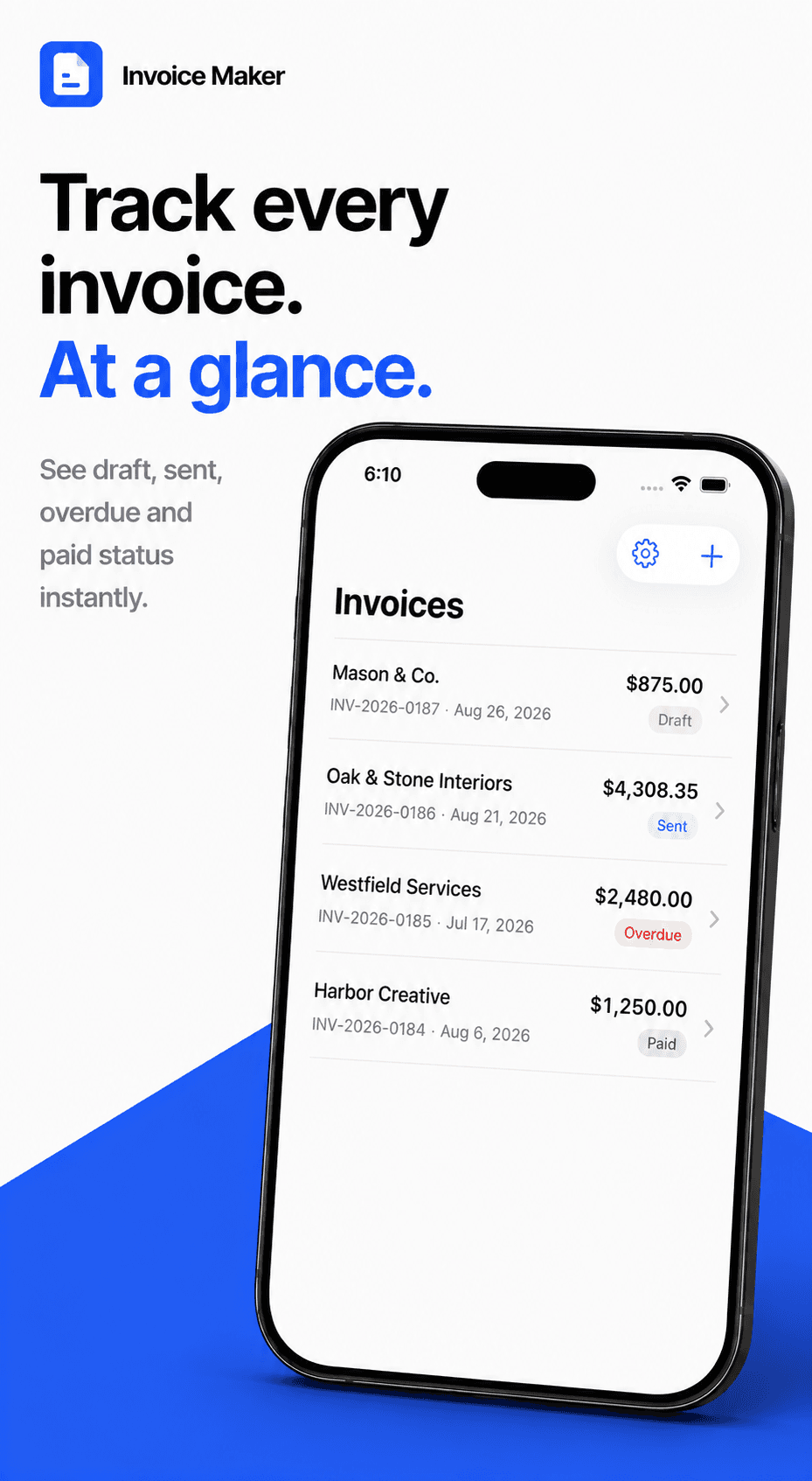 Invoice Maker home screen listing four invoices with Draft, Sent, Overdue and Paid status labels and their amounts.