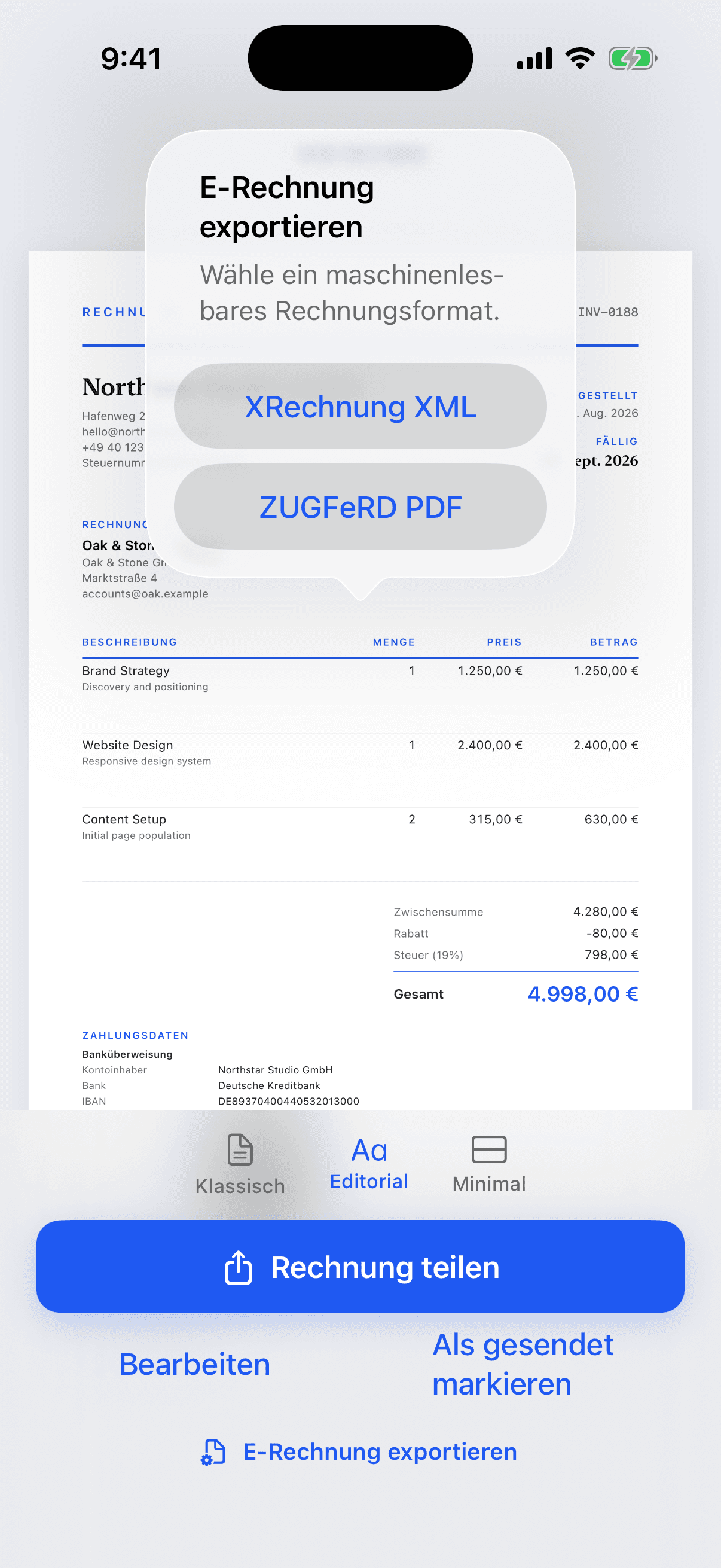 Rechnungsvorschau mit Auswahl zwischen XRechnung XML und ZUGFeRD PDF.