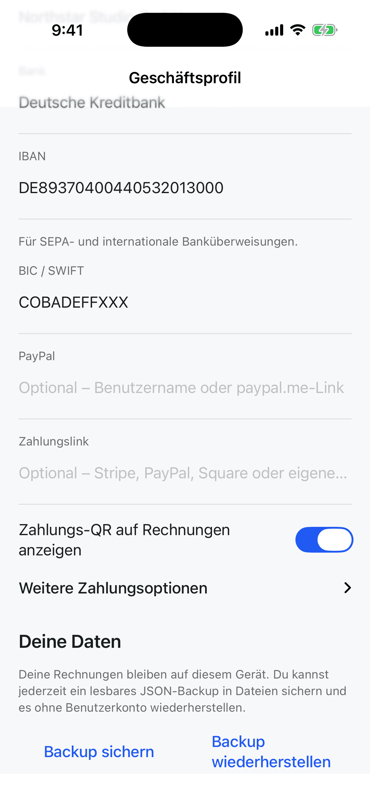 Geschäftsprofil mit lokaler Datenspeicherung und JSON-Backup-Funktionen.