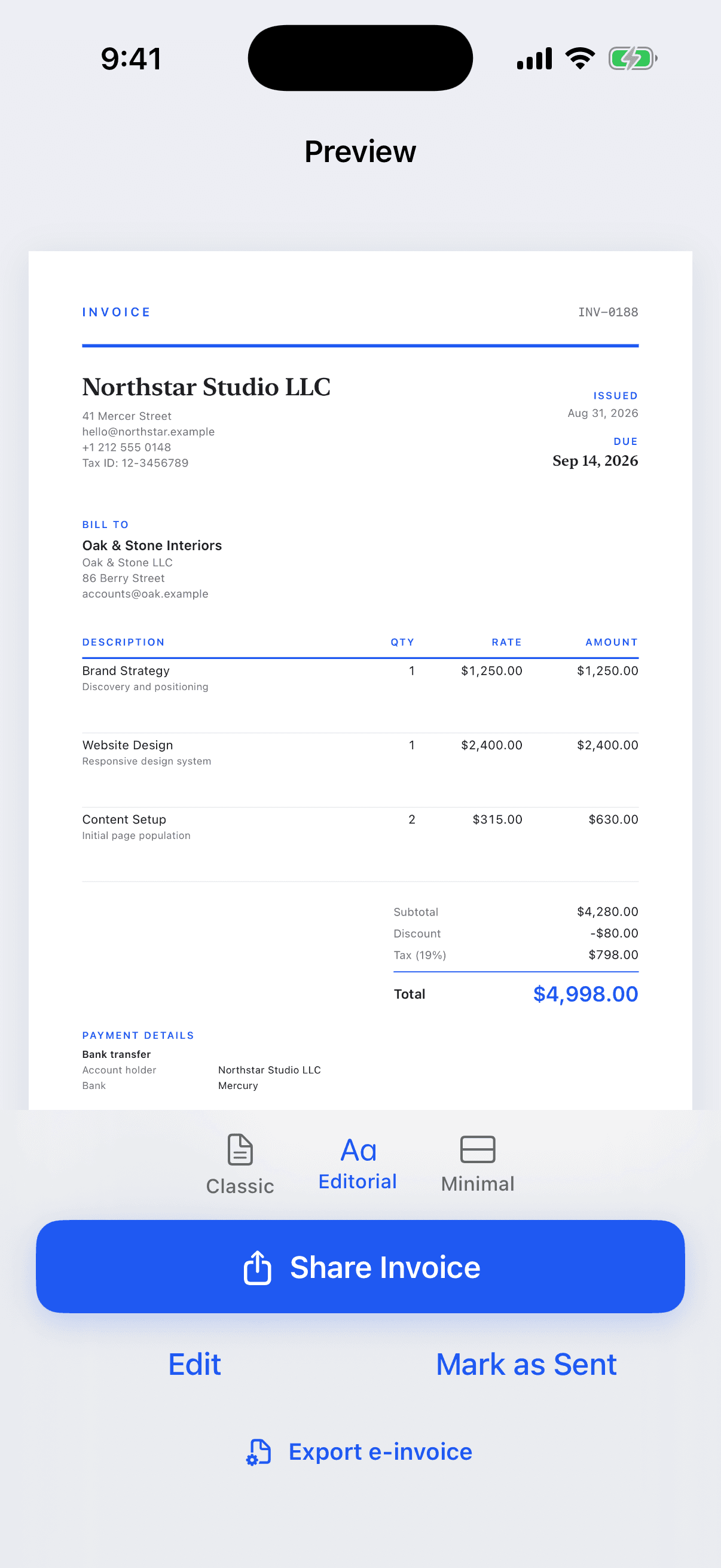 Editorial invoice style