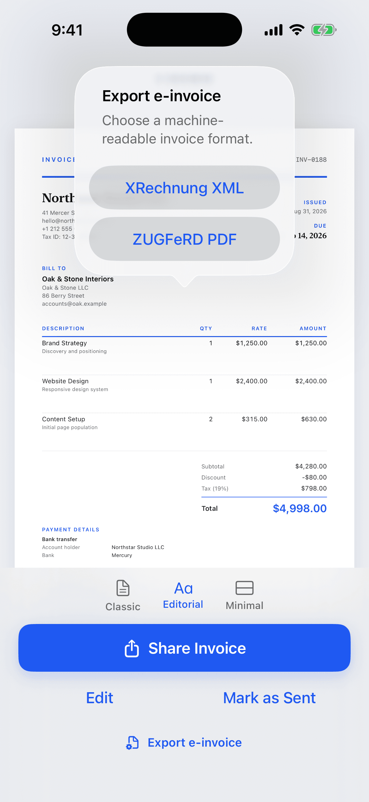 Invoice Maker document preview with the choice between XRechnung XML and ZUGFeRD PDF export.
