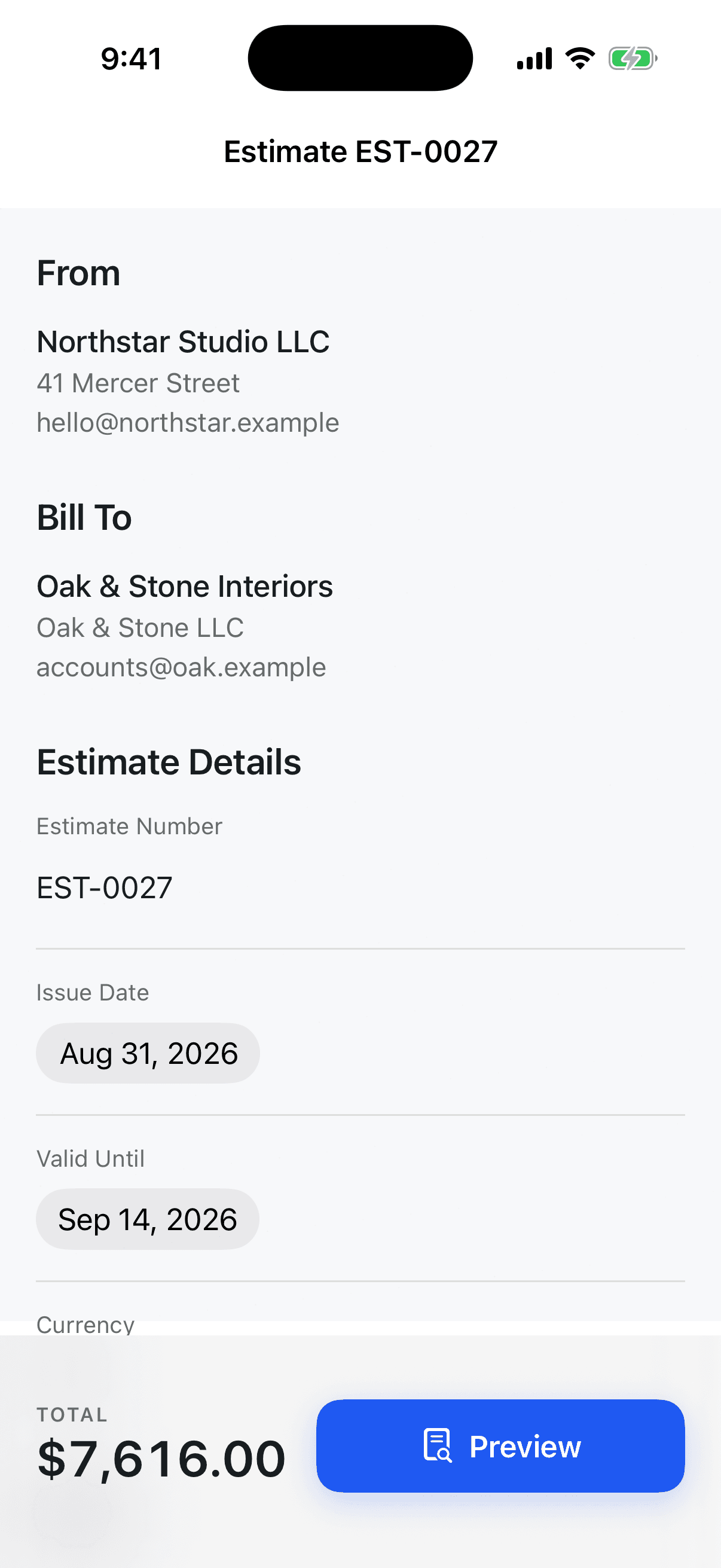 Invoice Maker document editor with line items, live totals and a direct preview action.