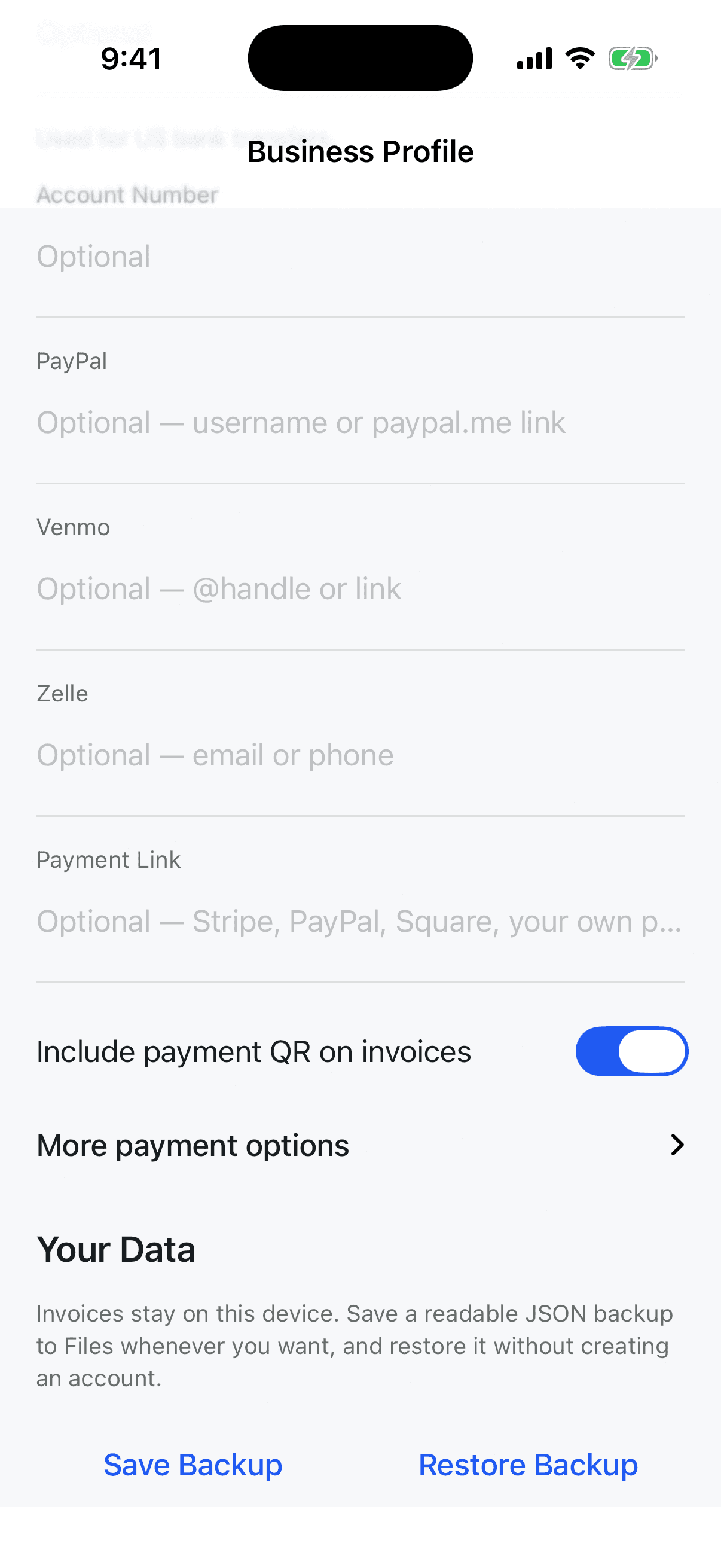 Invoice Maker Business Profile with local business and numbering settings.